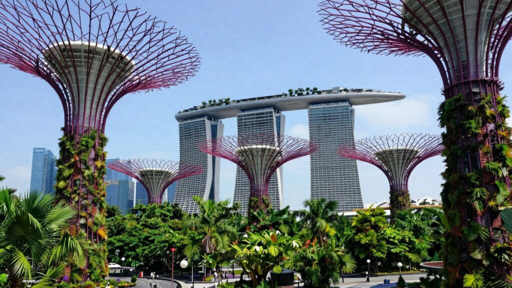 singapore skyline with marina bay sands and supertrees